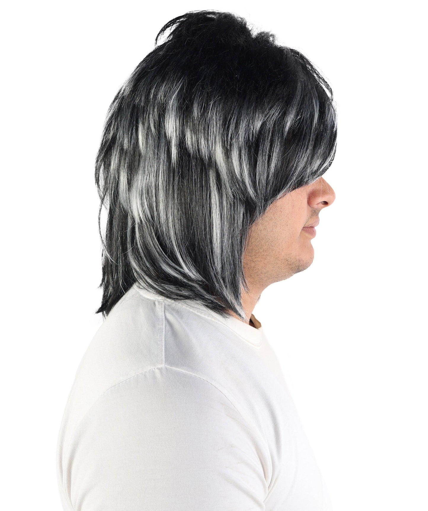 Edgy Asymmetrical Mens Black & White Wig | Layered straight synthetic fibers with heavy sweeping fringe and capless construction | Essential for theatrical stage drag performance costume events and party