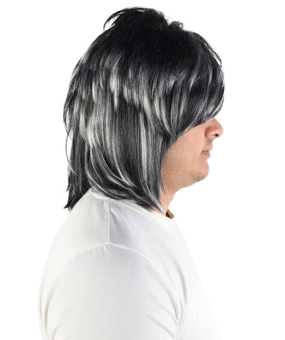 Edgy Asymmetrical Mens Black & White Wig | Layered straight synthetic fibers with heavy sweeping fringe and capless construction | Essential for theatrical stage drag performance costume events and party
