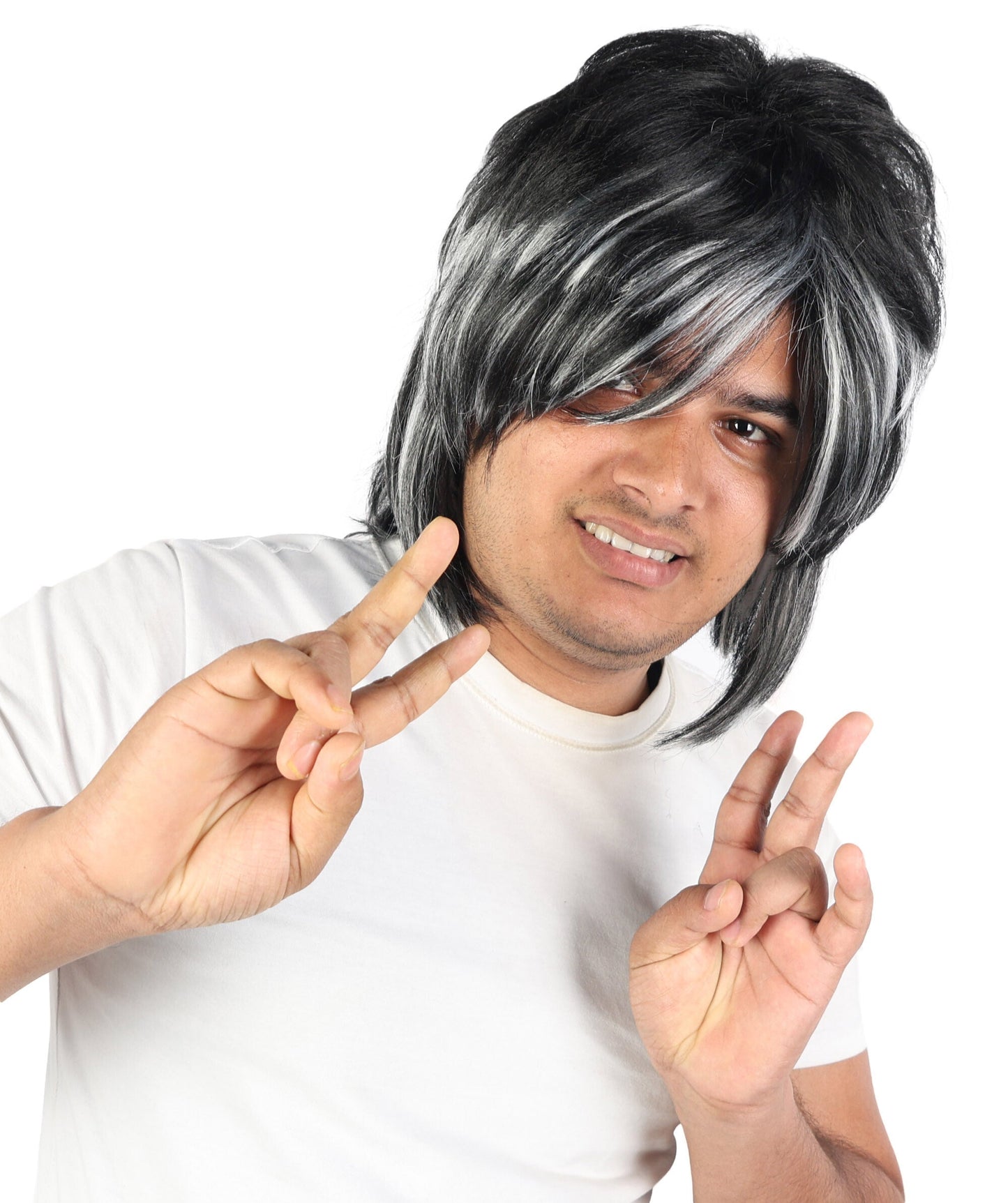 Edgy Asymmetrical Mens Black & White Wig | Layered straight synthetic fibers with heavy sweeping fringe and capless construction | Essential for theatrical stage drag performance costume events and party
