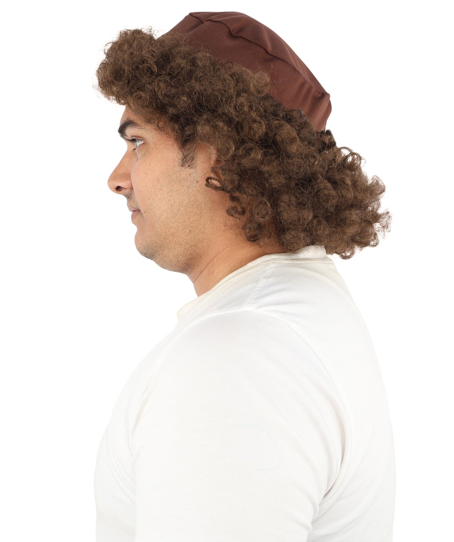 Messy Curly Mens Wig | Brown textured synthetic fibers with tight coils and standard cap construction | Essential for theatrical stage drag performance costume events and party