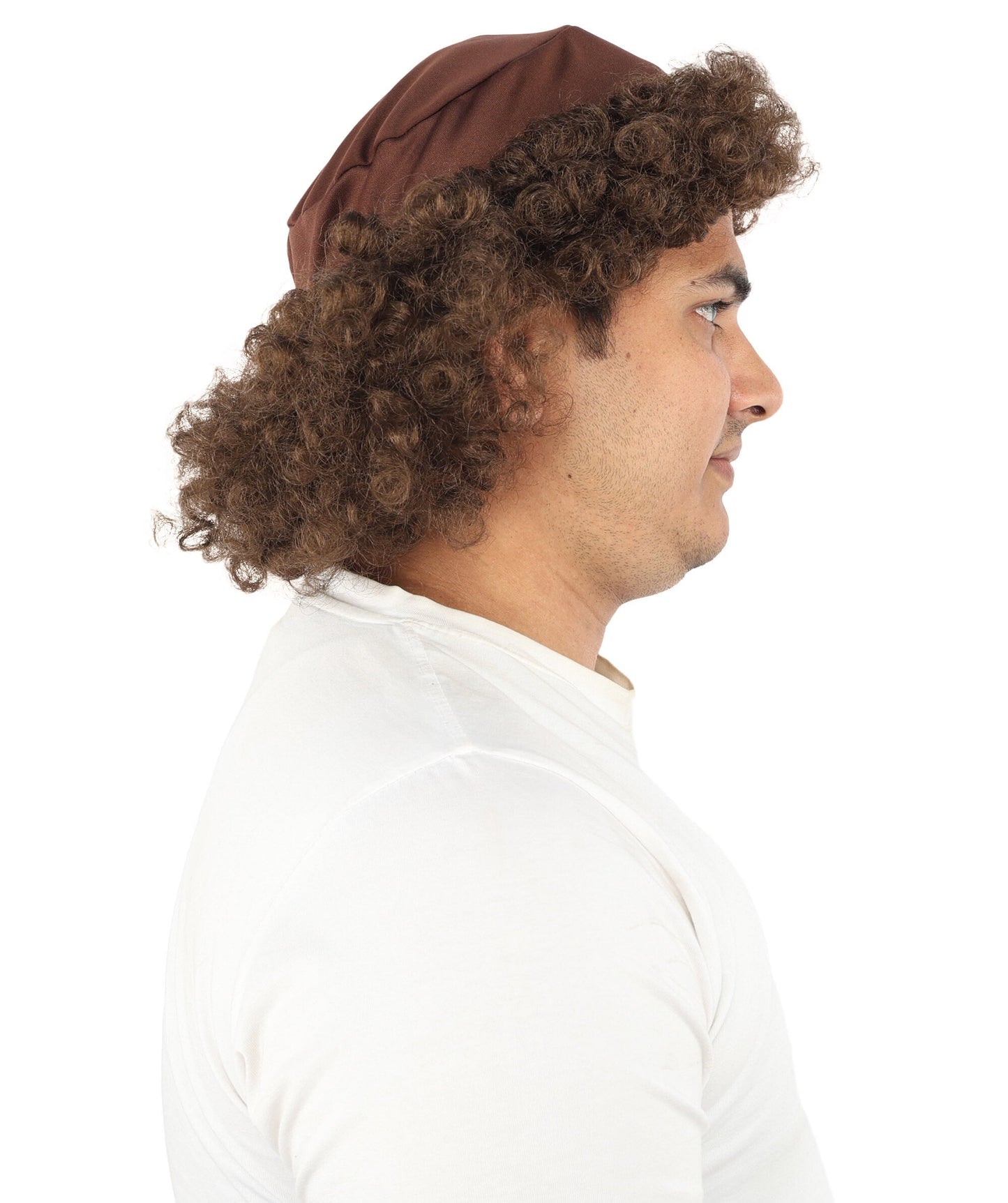 Messy Curly Mens Wig | Brown textured synthetic fibers with tight coils and standard cap construction | Essential for theatrical stage drag performance costume events and party