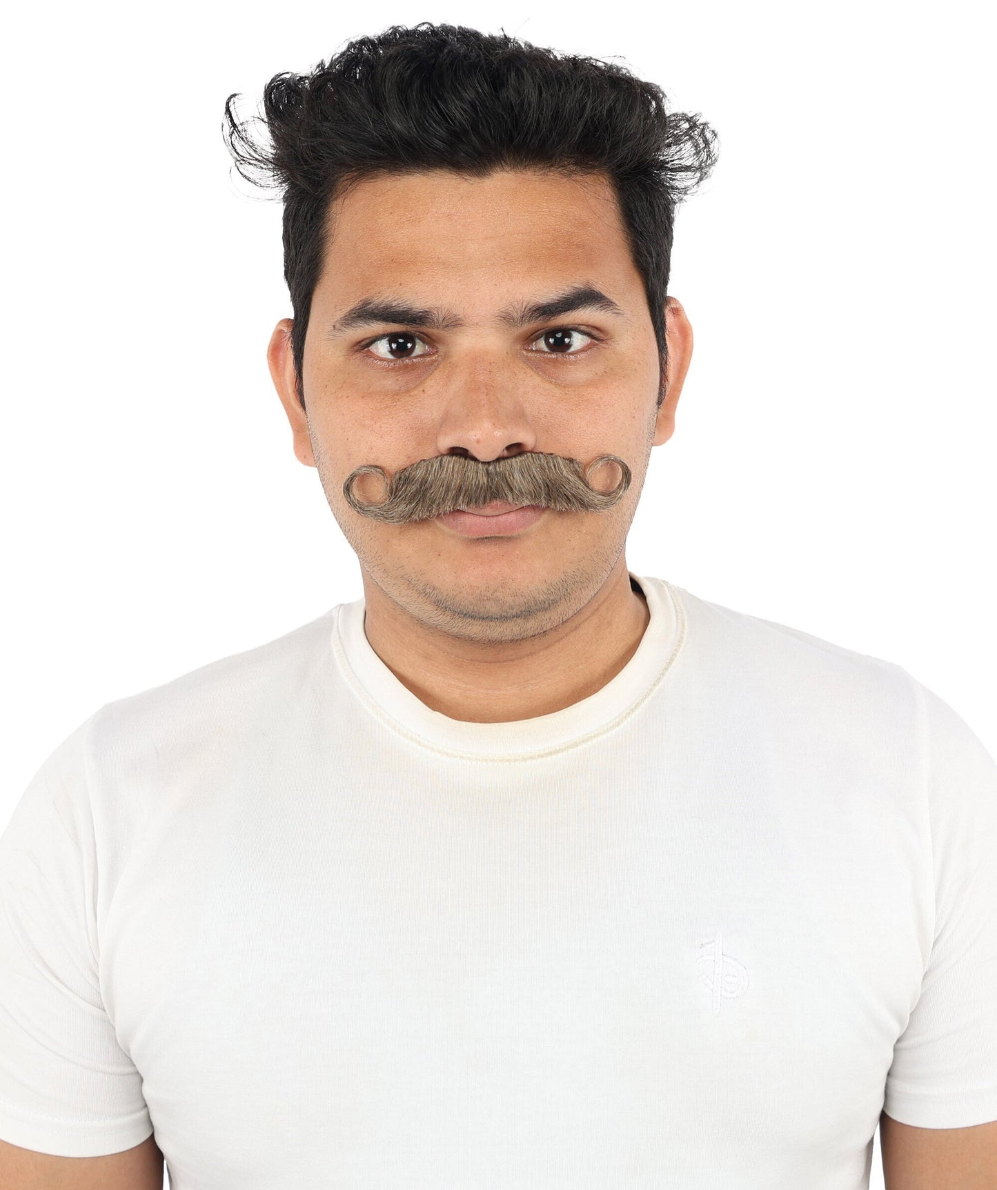 Men's Tight Curl Handlebar Mustache | Brown synthetic fibers with tightly looped structured shape and adhesive backing | Essential for theatrical stage drag performance costume events and party