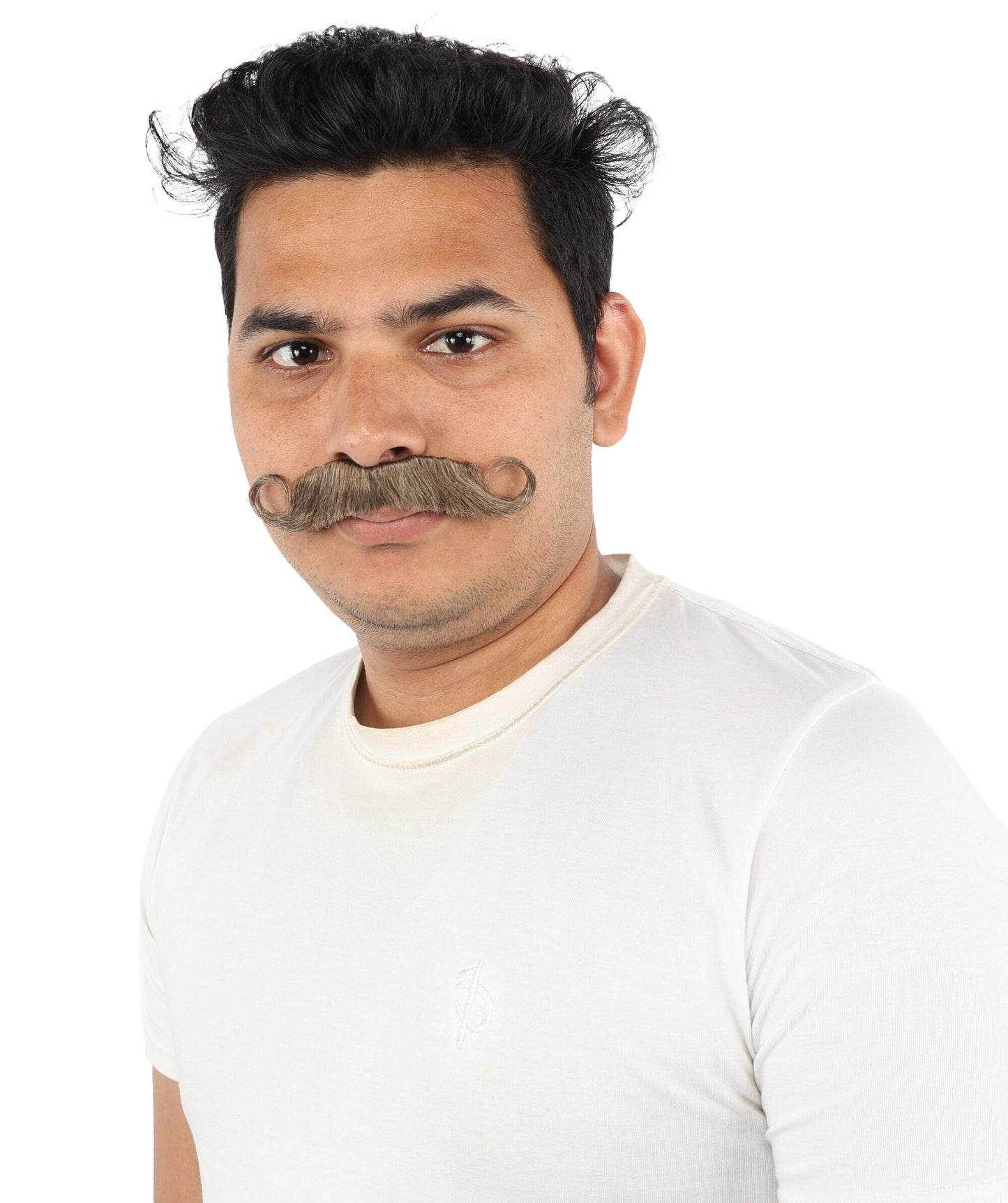Men's Tight Curl Handlebar Mustache | Brown synthetic fibers with tightly looped structured shape and adhesive backing | Essential for theatrical stage drag performance costume events and party