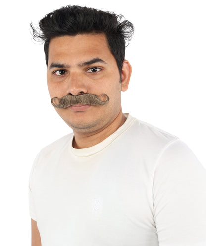 Men's Tight Curl Handlebar Mustache | Brown synthetic fibers with tightly looped structured shape and adhesive backing | Essential for theatrical stage drag performance costume events and party