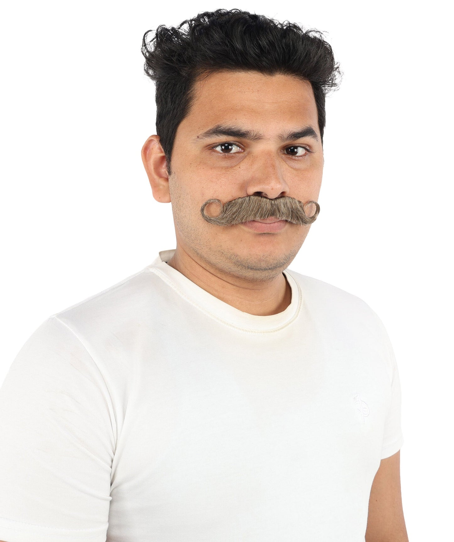Men's Tight Curl Handlebar Mustache | Brown synthetic fibers with tightly looped structured shape and adhesive backing | Essential for theatrical stage drag performance costume events and party