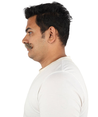 Men's Tight Curl Handlebar Mustache | Brown synthetic fibers with tightly looped structured shape and adhesive backing | Essential for theatrical stage drag performance costume events and party