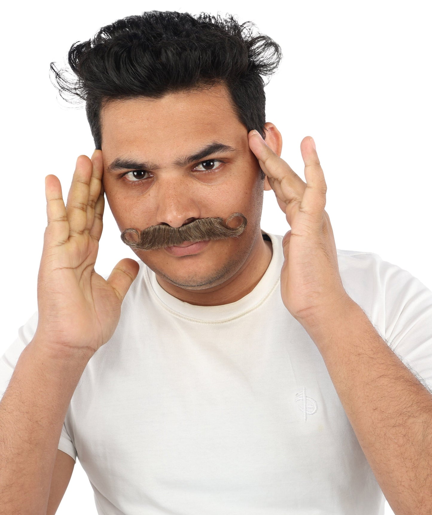 Men's Tight Curl Handlebar Mustache | Brown synthetic fibers with tightly looped structured shape and adhesive backing | Essential for theatrical stage drag performance costume events and party
