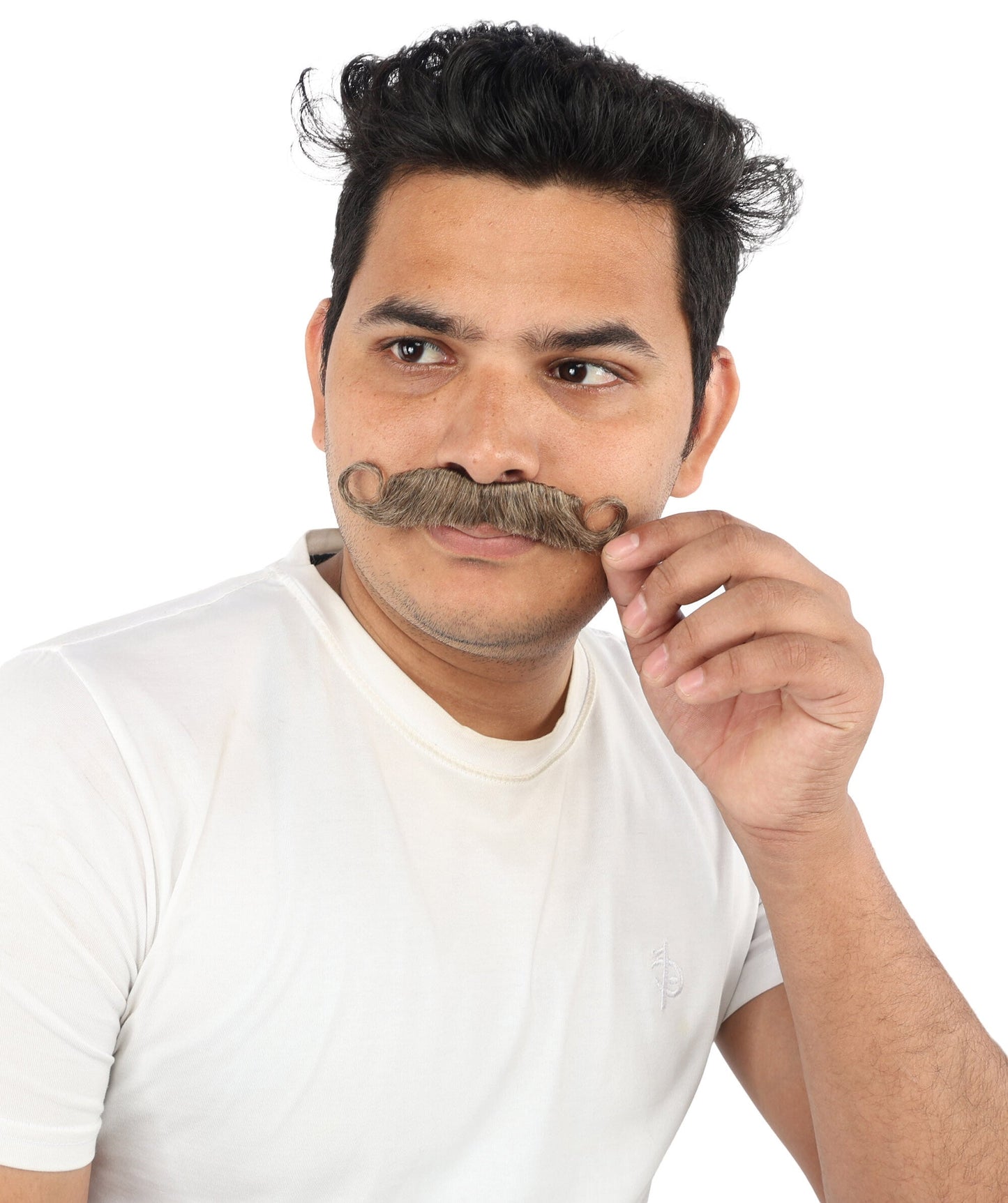 Men's Tight Curl Handlebar Mustache | Brown synthetic fibers with tightly looped structured shape and adhesive backing | Essential for theatrical stage drag performance costume events and party