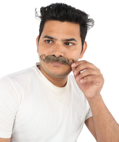 Men's Tight Curl Handlebar Mustache | Brown synthetic fibers with tightly looped structured shape and adhesive backing | Essential for theatrical stage drag performance costume events and party