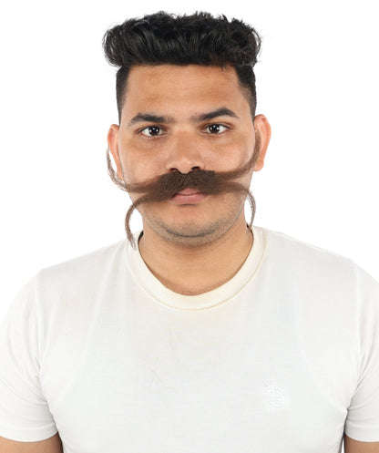 Men's Split Twisted Mens Mustache | Brown Stiff synthetic fibers with double curved shape and adhesive back | Essential for theatrical stage drag performance costume events and party