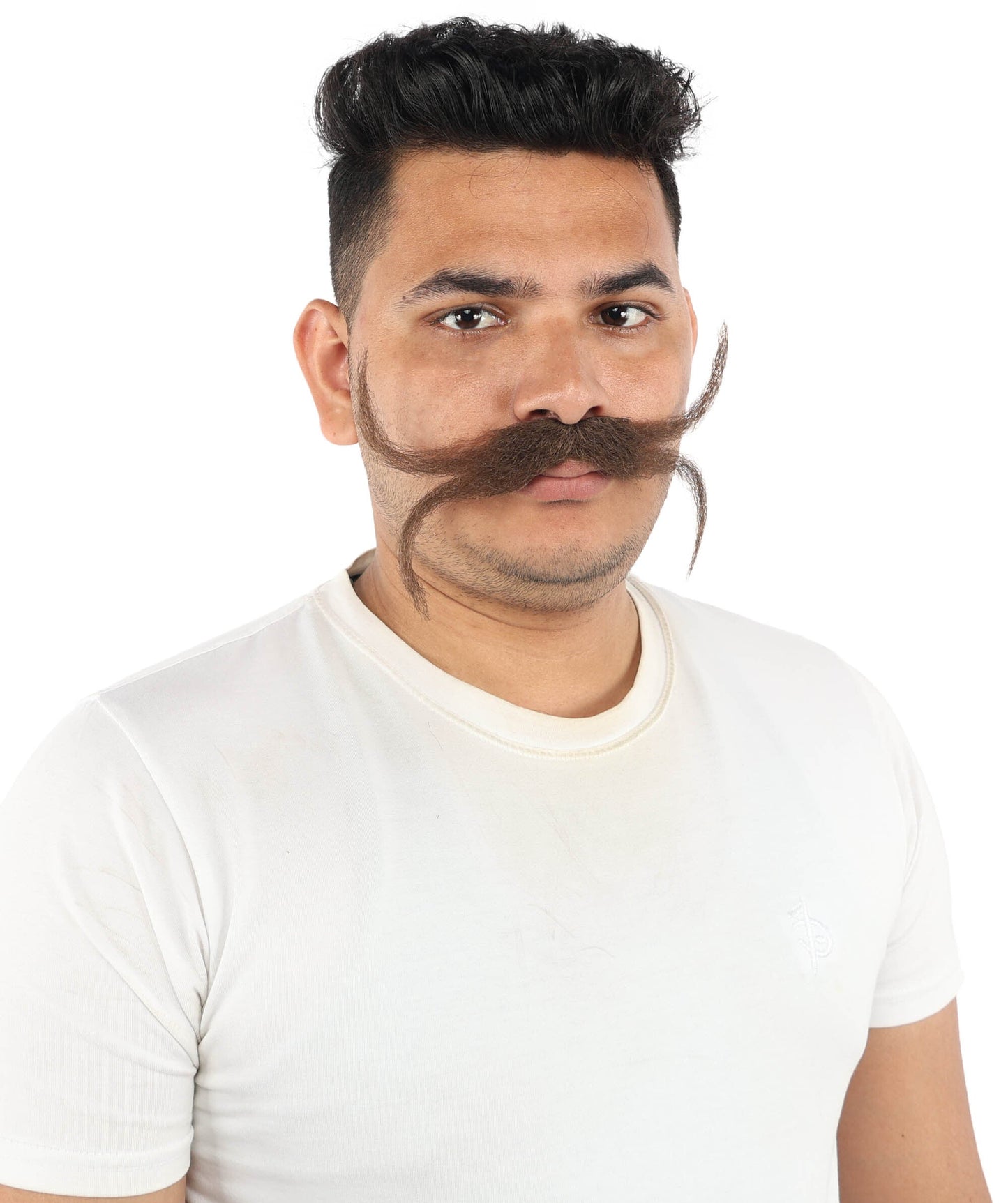 Men's Split Twisted Mens Mustache | Brown Stiff synthetic fibers with double curved shape and adhesive back | Essential for theatrical stage drag performance costume events and party