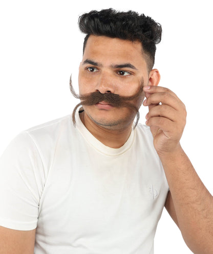 Men's Split Twisted Mens Mustache | Brown Stiff synthetic fibers with double curved shape and adhesive back | Essential for theatrical stage drag performance costume events and party