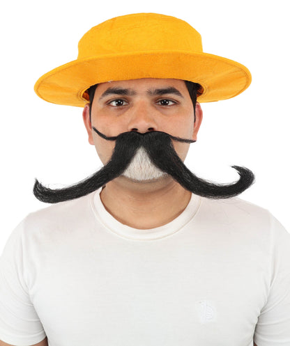 Adult Men’s Funny Brown Curly Mustache with Orange Hat | Costume Accessory | Ideal for Halloween Cosplay and Themed Parties