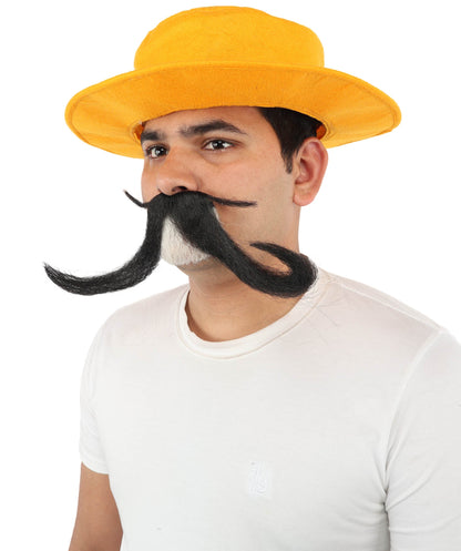 Adult Men’s Funny Brown Curly Mustache with Orange Hat | Costume Accessory | Ideal for Halloween Cosplay and Themed Parties