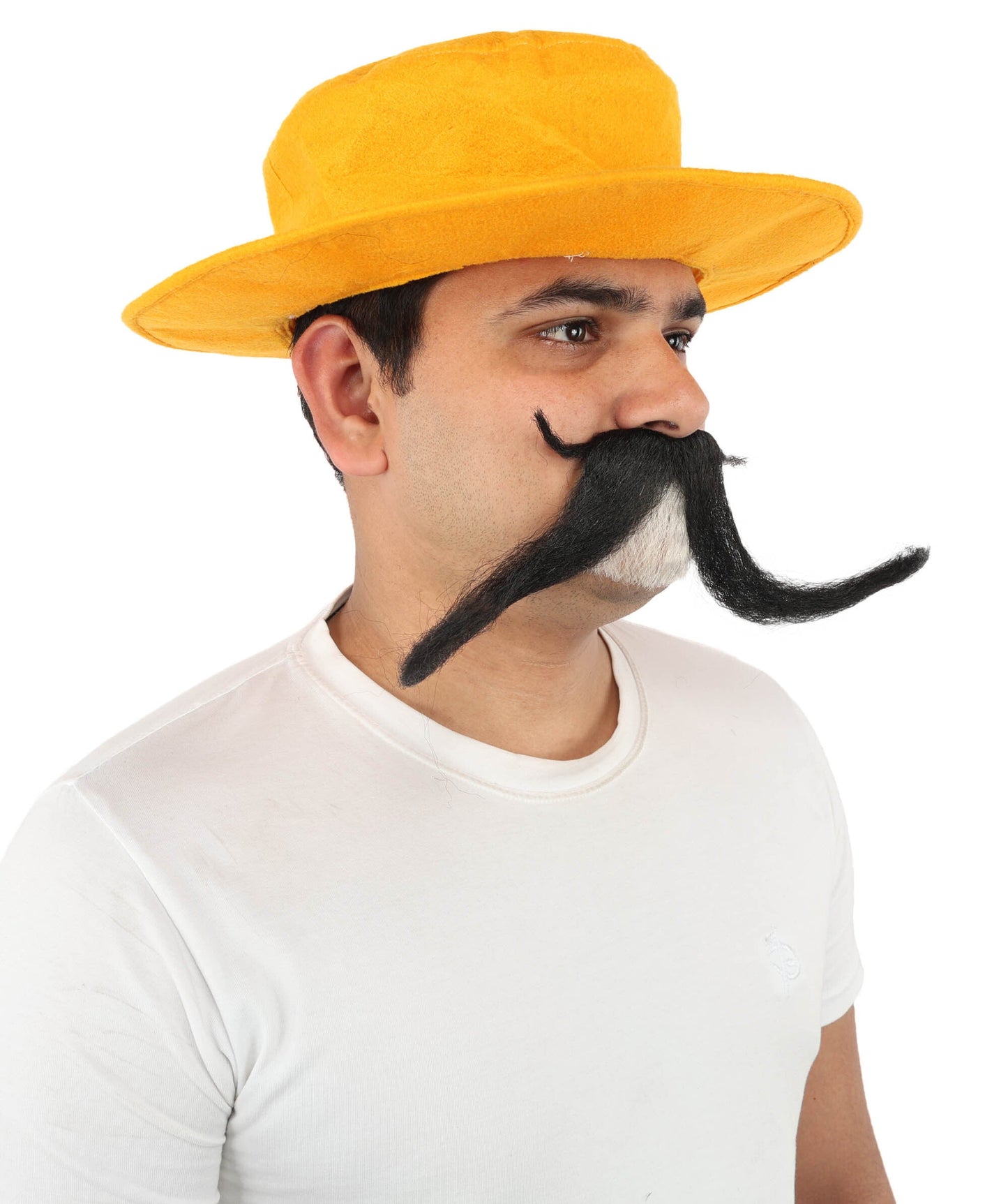 Adult Men’s Funny Brown Curly Mustache with Orange Hat | Costume Accessory | Ideal for Halloween Cosplay and Themed Parties