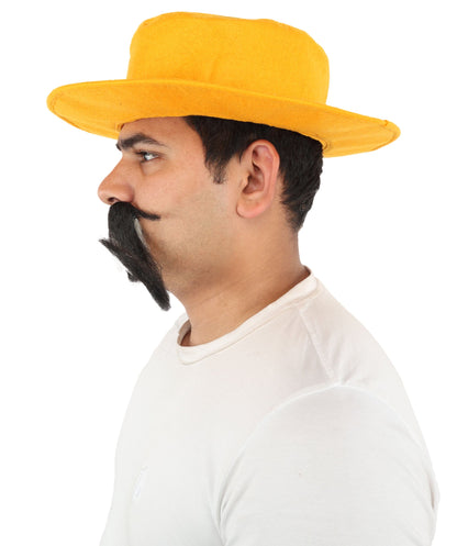 Adult Men’s Funny Brown Curly Mustache with Orange Hat | Costume Accessory | Ideal for Halloween Cosplay and Themed Parties