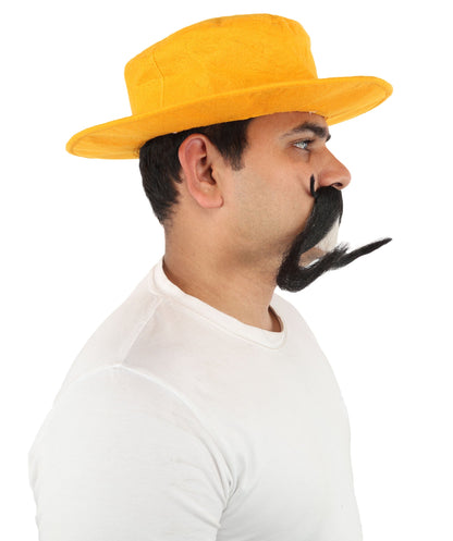 Adult Men’s Funny Brown Curly Mustache with Orange Hat | Costume Accessory | Ideal for Halloween Cosplay and Themed Parties
