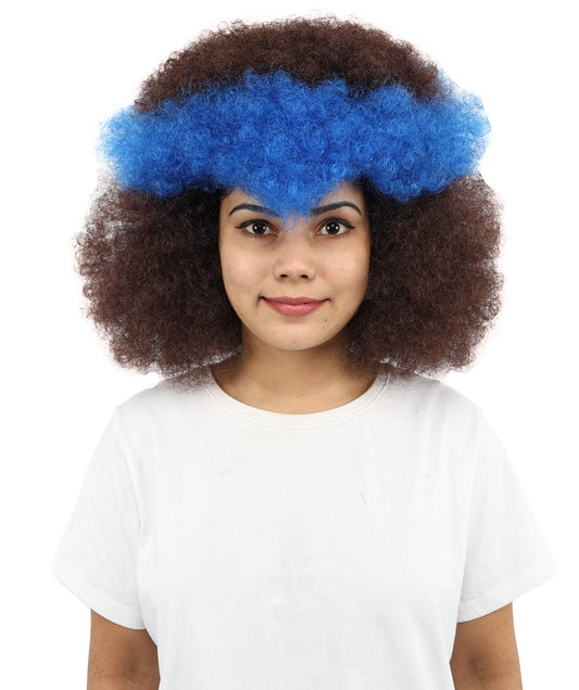 Women’s Short Brown Afro Wig with Blue Colored Tips | Voluminous Fun Hairpiece with Breathable Cap | Ideal for Halloween, Cosplay & Themed Parties