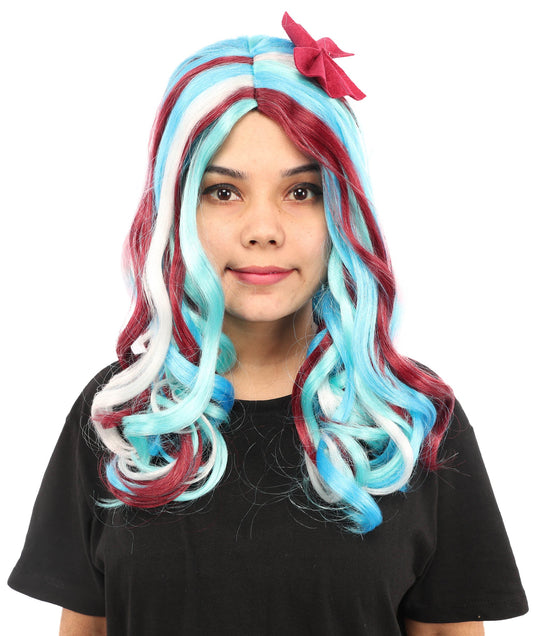 Adult Women’s Animated Series-Inspired Blue Curly Wig with Multi-Highlights | Long Magical Hairpiece with Breathable Cap | Ideal for Halloween, Cosplay & Themed Parties