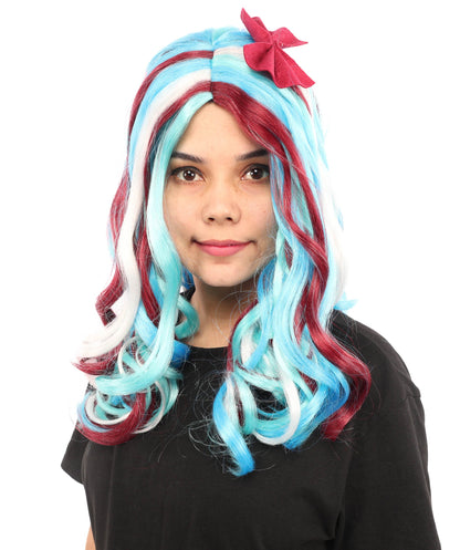 Adult Women’s Animated Series-Inspired Blue Curly Wig with Multi-Highlights | Long Magical Hairpiece with Breathable Cap | Ideal for Halloween, Cosplay & Themed Parties