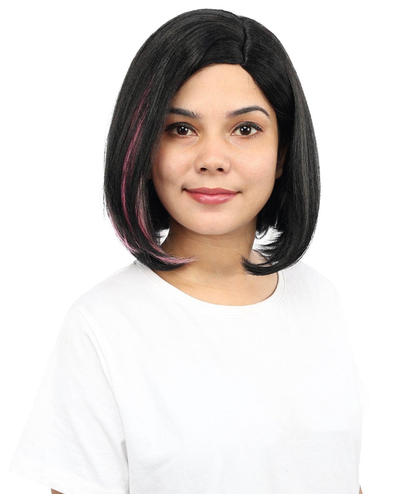 Adult Women’s Short Bob Black Wig with Pink Highlights | Straight Hair with Breathable Cap | Ideal Hairpiece for Halloween, Cosplay & Themed Parties