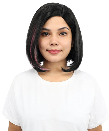 Adult Women’s Short Bob Black Wig with Pink Highlights | Straight Hair with Breathable Cap | Ideal Hairpiece for Halloween, Cosplay & Themed Parties