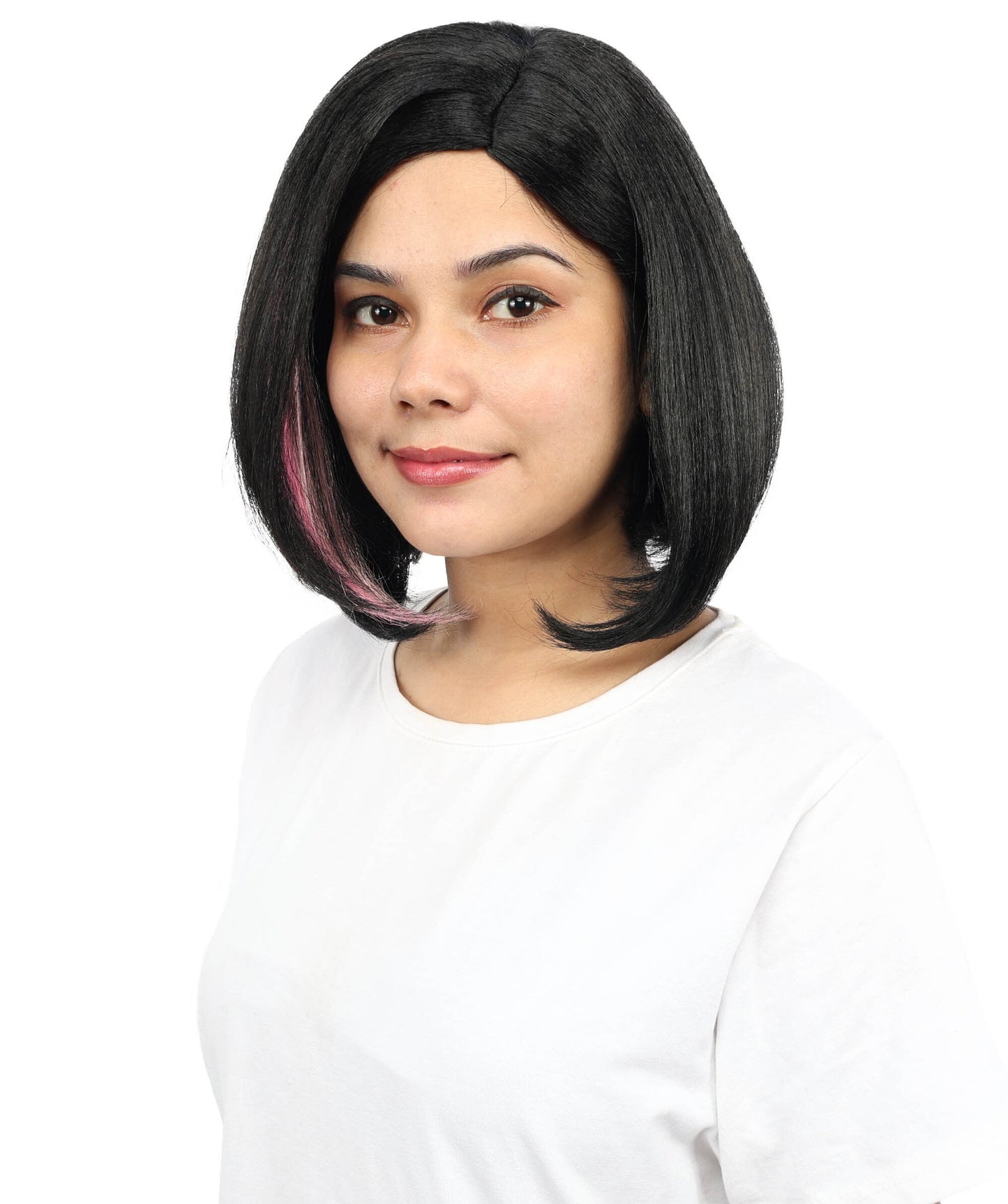 Adult Women’s Short Bob Black Wig with Pink Highlights | Straight Hair with Breathable Cap | Ideal Hairpiece for Halloween, Cosplay & Themed Parties