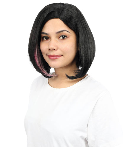 Adult Women’s Short Bob Black Wig with Pink Highlights | Straight Hair with Breathable Cap | Ideal Hairpiece for Halloween, Cosplay & Themed Parties
