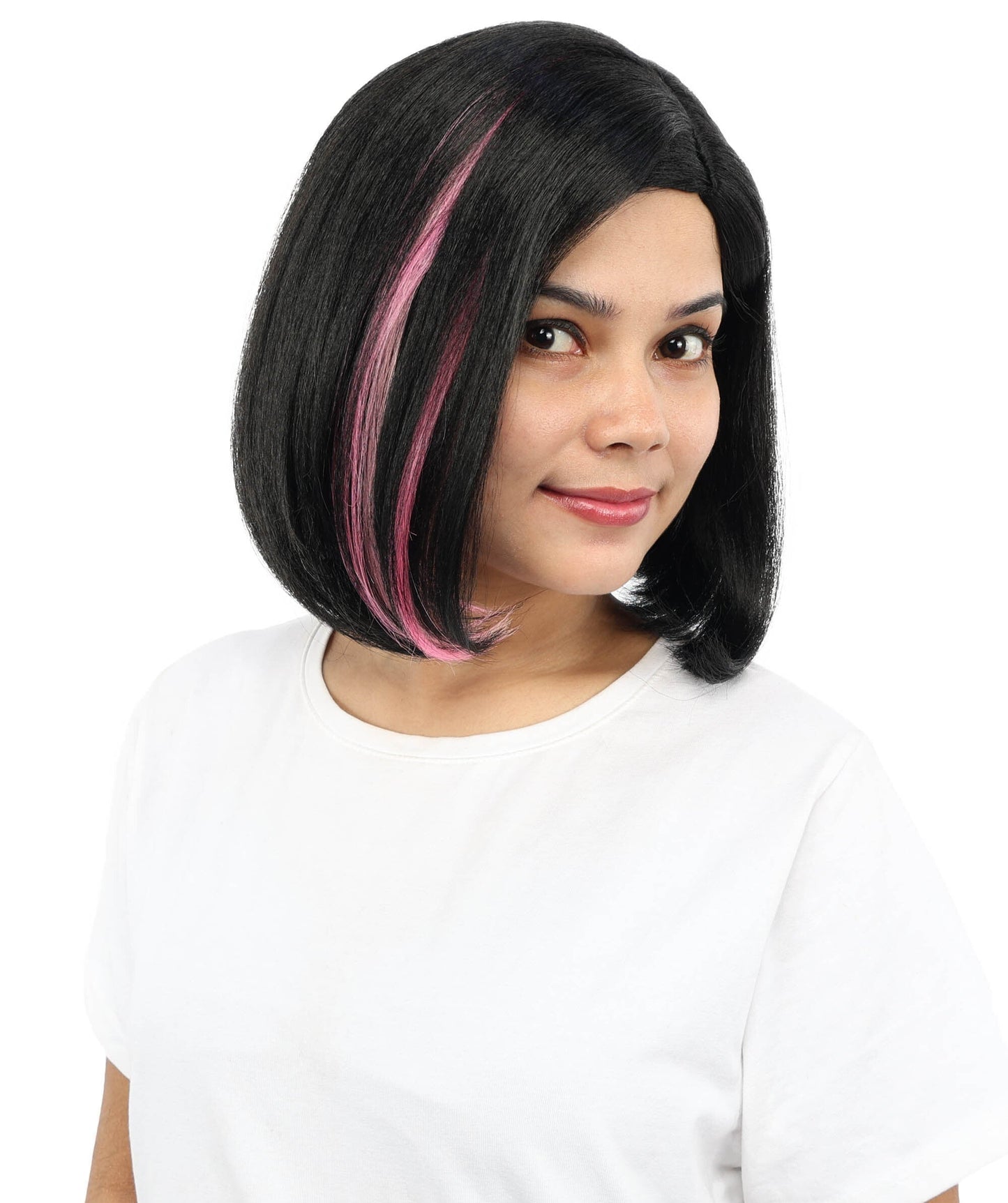 Adult Women’s Short Bob Black Wig with Pink Highlights | Straight Hair with Breathable Cap | Ideal Hairpiece for Halloween, Cosplay & Themed Parties