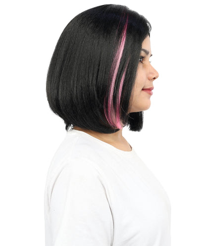 Adult Women’s Short Bob Black Wig with Pink Highlights | Straight Hair with Breathable Cap | Ideal Hairpiece for Halloween, Cosplay & Themed Parties