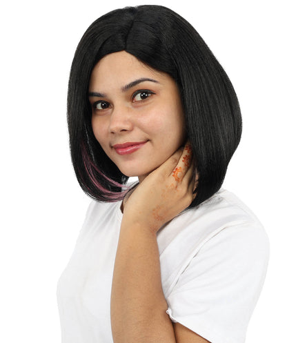 Adult Women’s Short Bob Black Wig with Pink Highlights | Straight Hair with Breathable Cap | Ideal Hairpiece for Halloween, Cosplay & Themed Parties