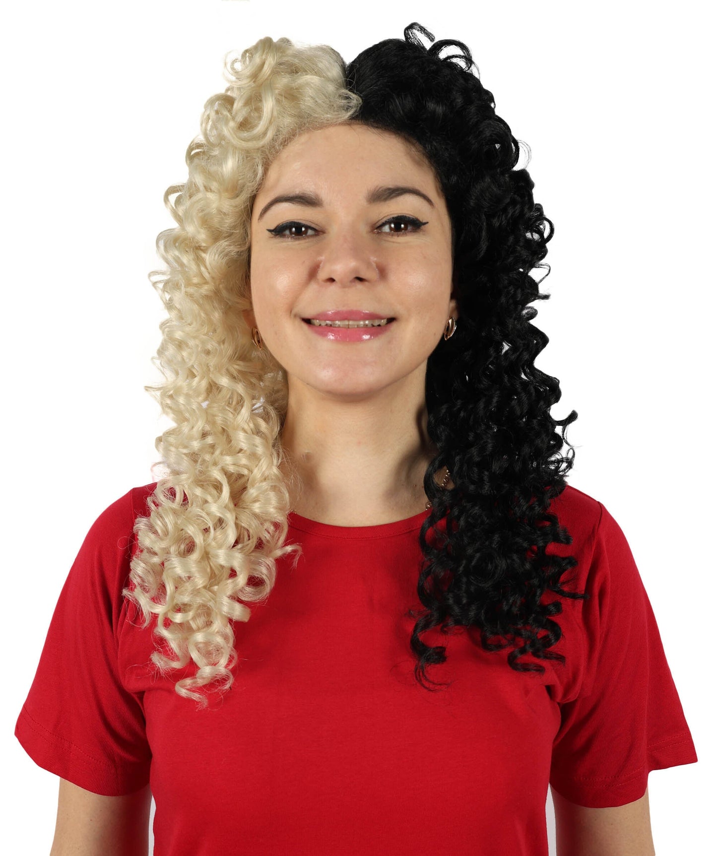 Women’s American Singer Inspired Two-Toned Curly Wig | Long Blonde and Black Hairpiece with Breathable Cap | Ideal for Halloween, Cosplay & Themed Parties