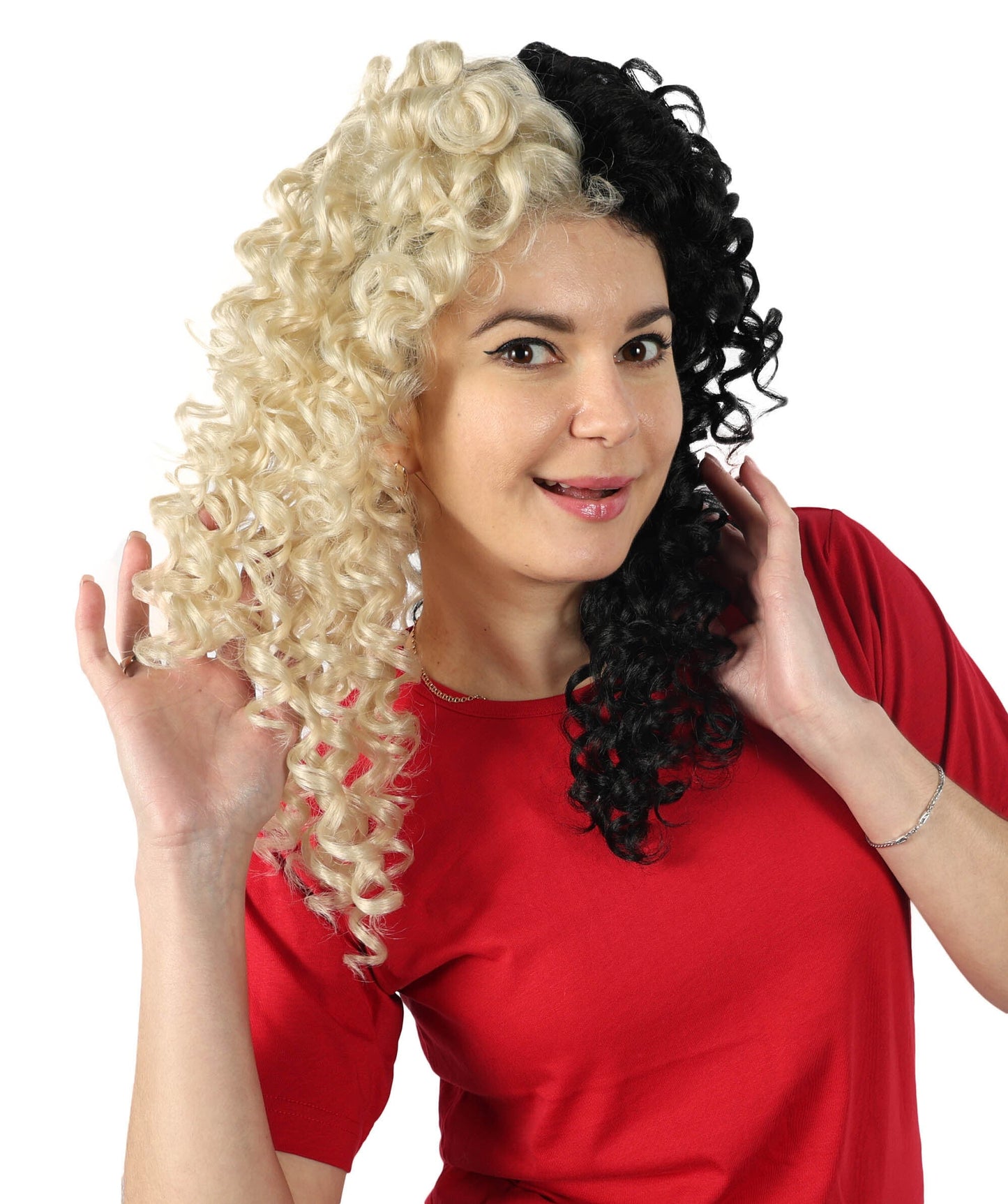 Women’s American Singer Inspired Two-Toned Curly Wig | Long Blonde and Black Hairpiece with Breathable Cap | Ideal for Halloween, Cosplay & Themed Parties