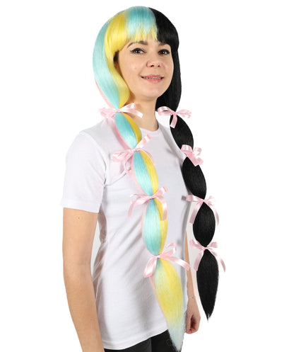 Women’s American Singer-Inspired Extra Long Multicolor Pigtail Wig | Hairpiece with Breathable Cap | Ideal for Halloween, Cosplay & Themed Parties