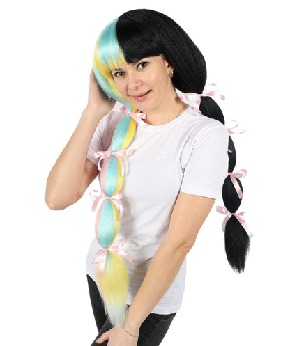 Women’s American Singer-Inspired Extra Long Multicolor Pigtail Wig | Hairpiece with Breathable Cap | Ideal for Halloween, Cosplay & Themed Parties