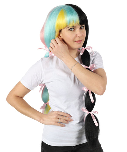 Women’s American Singer-Inspired Extra Long Multicolor Pigtail Wig | Hairpiece with Breathable Cap | Ideal for Halloween, Cosplay & Themed Parties