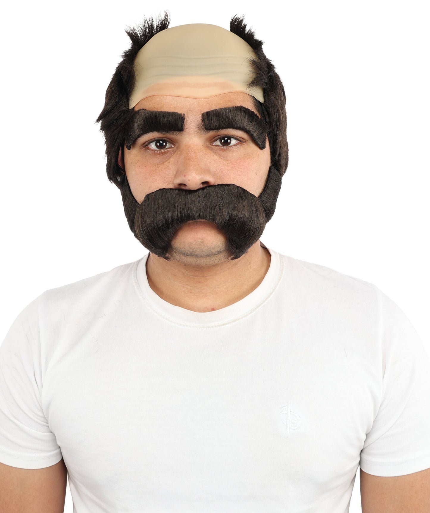 Men’s Brown Bald Cap Wig with Side Burns, Mustache, and Eyebrows | Animated Character Fun Facial Accessories | Ideal for Halloween, Cosplay & Themed Parties