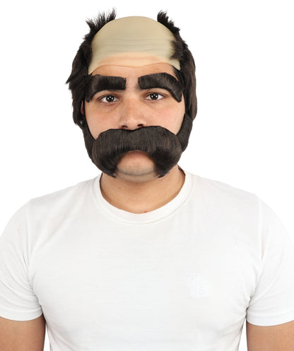 Men’s Brown Bald Cap Wig with Side Burns, Mustache, and Eyebrows | Animated Character Fun Facial Accessories | Ideal for Halloween, Cosplay & Themed Parties