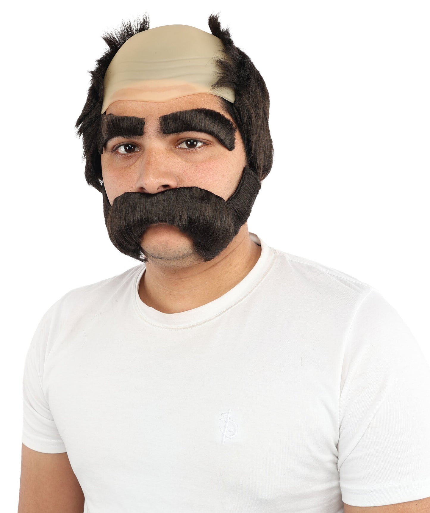 Men’s Brown Bald Cap Wig with Side Burns, Mustache, and Eyebrows | Animated Character Fun Facial Accessories | Ideal for Halloween, Cosplay & Themed Parties