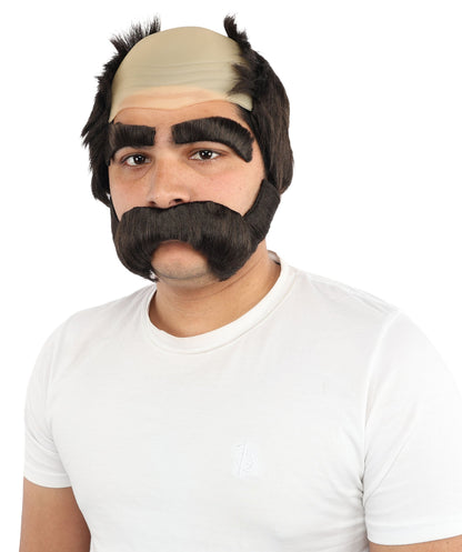 Men’s Brown Bald Cap Wig with Side Burns, Mustache, and Eyebrows | Animated Character Fun Facial Accessories | Ideal for Halloween, Cosplay & Themed Parties