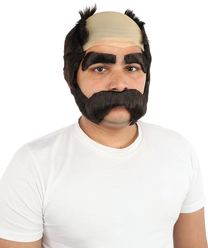 Men’s Brown Bald Cap Wig with Side Burns, Mustache, and Eyebrows | Animated Character Fun Facial Accessories | Ideal for Halloween, Cosplay & Themed Parties