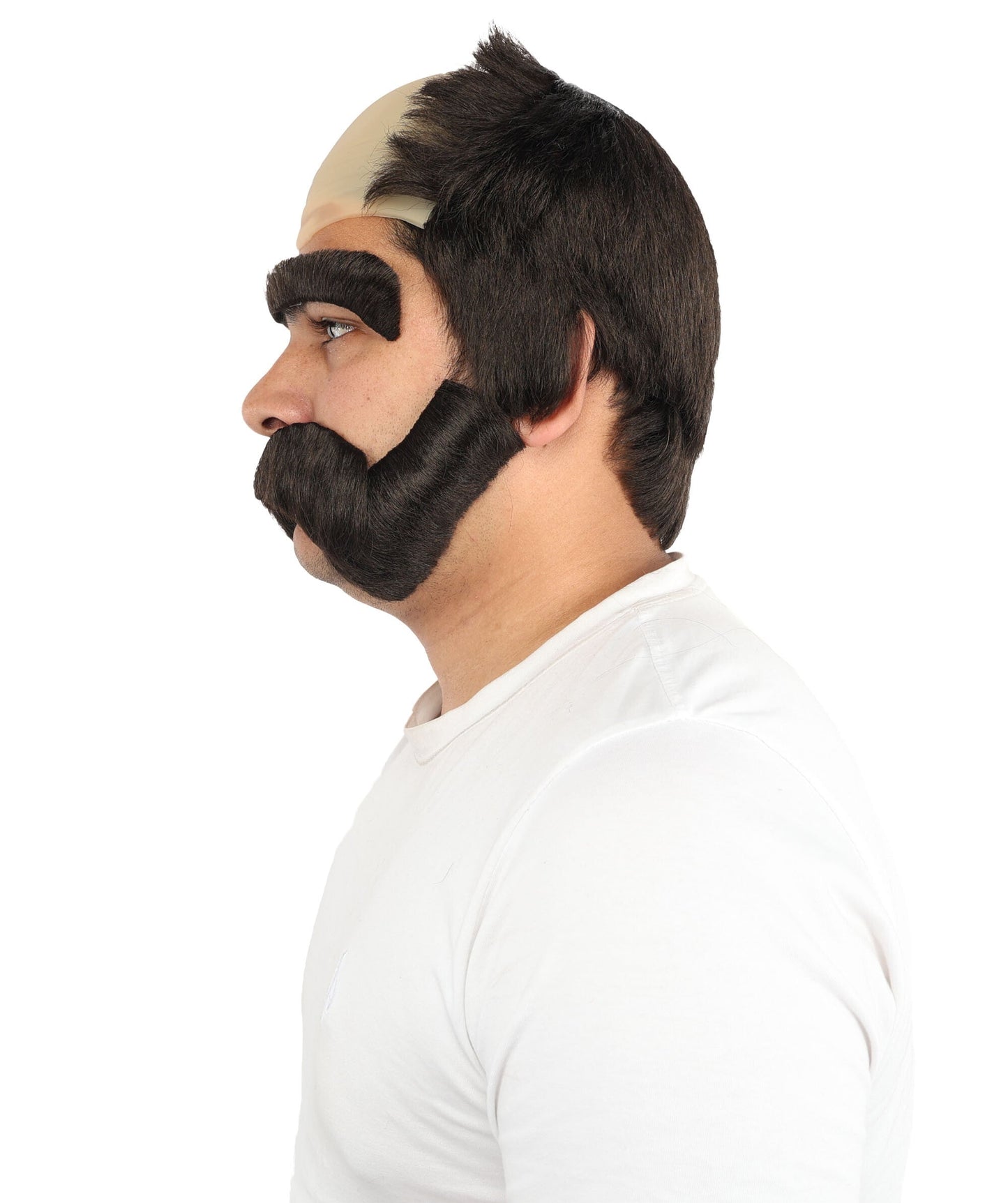 Men’s Brown Bald Cap Wig with Side Burns, Mustache, and Eyebrows | Animated Character Fun Facial Accessories | Ideal for Halloween, Cosplay & Themed Parties