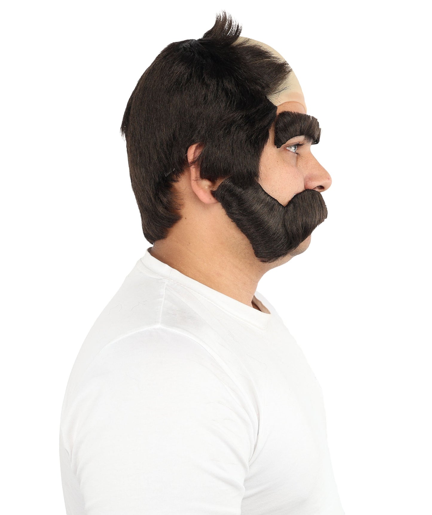 Men’s Brown Bald Cap Wig with Side Burns, Mustache, and Eyebrows | Animated Character Fun Facial Accessories | Ideal for Halloween, Cosplay & Themed Parties