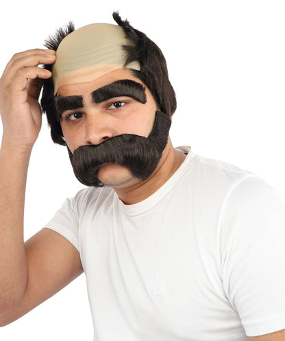 Men’s Brown Bald Cap Wig with Side Burns, Mustache, and Eyebrows | Animated Character Fun Facial Accessories | Ideal for Halloween, Cosplay & Themed Parties