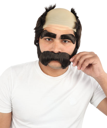 Men’s Brown Bald Cap Wig with Side Burns, Mustache, and Eyebrows | Animated Character Fun Facial Accessories | Ideal for Halloween, Cosplay & Themed Parties