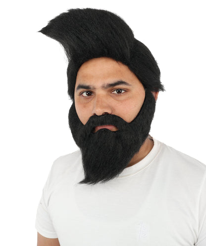 Adult Men’s Black Curly Beard and Wig Set | full Head and Facial Hair Costume Accessory Ideal for Halloween, Cosplay & Parties