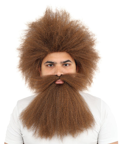 Men’s Caveman Wig Beard & Mustache Set | Long Brown Facial Hair | Ideal for Halloween, Cosplay & Themed Parties