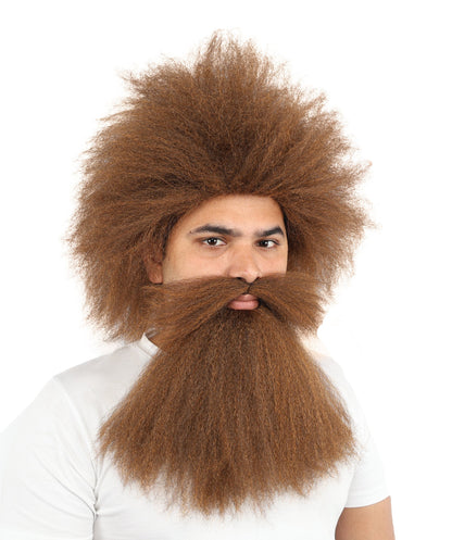 Men’s Caveman Wig Beard & Mustache Set | Long Brown Facial Hair | Ideal for Halloween, Cosplay & Themed Parties