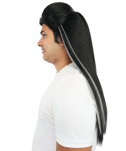 Adult Men’s Long Black & White Historical Drama Wig | K-Drama-Inspired Hairpiece with Breathable Cap | Ideal for Cosplay, Halloween & Themed Events