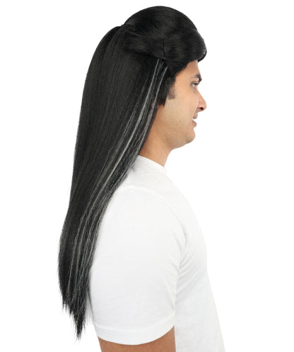 Adult Men’s Long Black & White Historical Drama Wig | K-Drama-Inspired Hairpiece with Breathable Cap | Ideal for Cosplay, Halloween & Themed Events